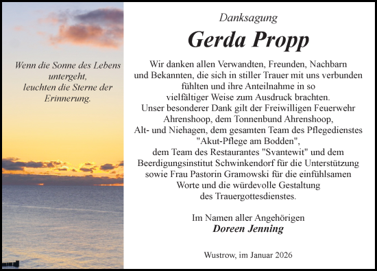 Traueranzeige von Gerda Propp von Ostsee-Zeitung GmbH