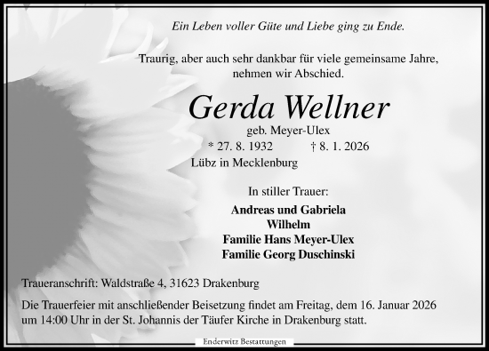 Traueranzeige von Gerda Wellner von Die Harke