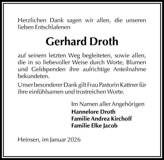 Traueranzeige von Gerhard Droth von Täglicher Anzeiger Holzminden