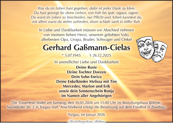 Traueranzeige von Gerhard Gaßmann-Cielas von Torgauer Zeitung