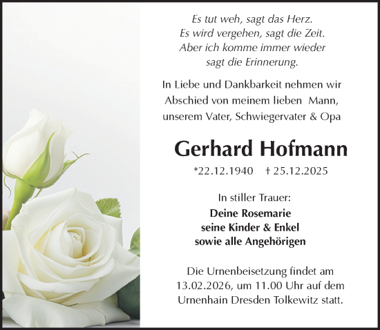 Traueranzeige von Gerhard Hofmann von Sächsische Zeitung
