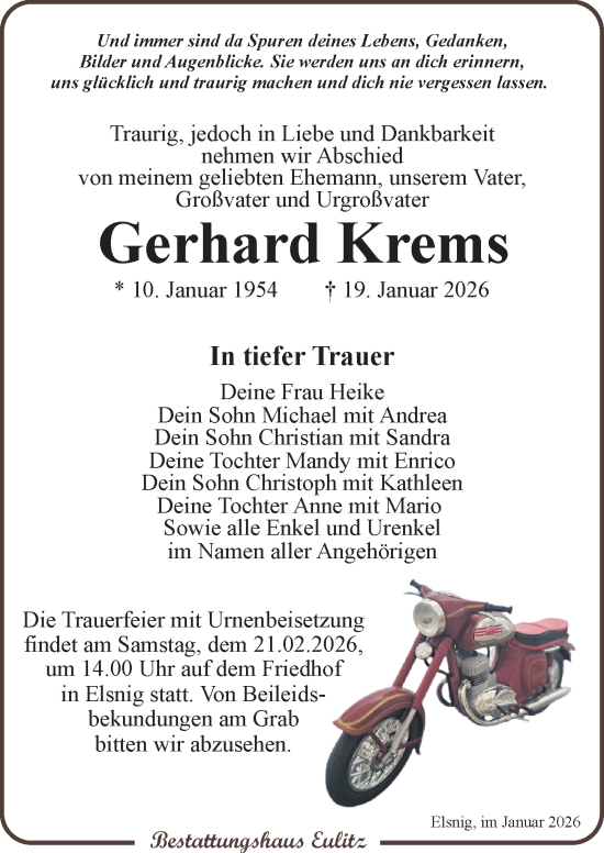 Traueranzeige von Gerhard Krems von Torgauer Zeitung