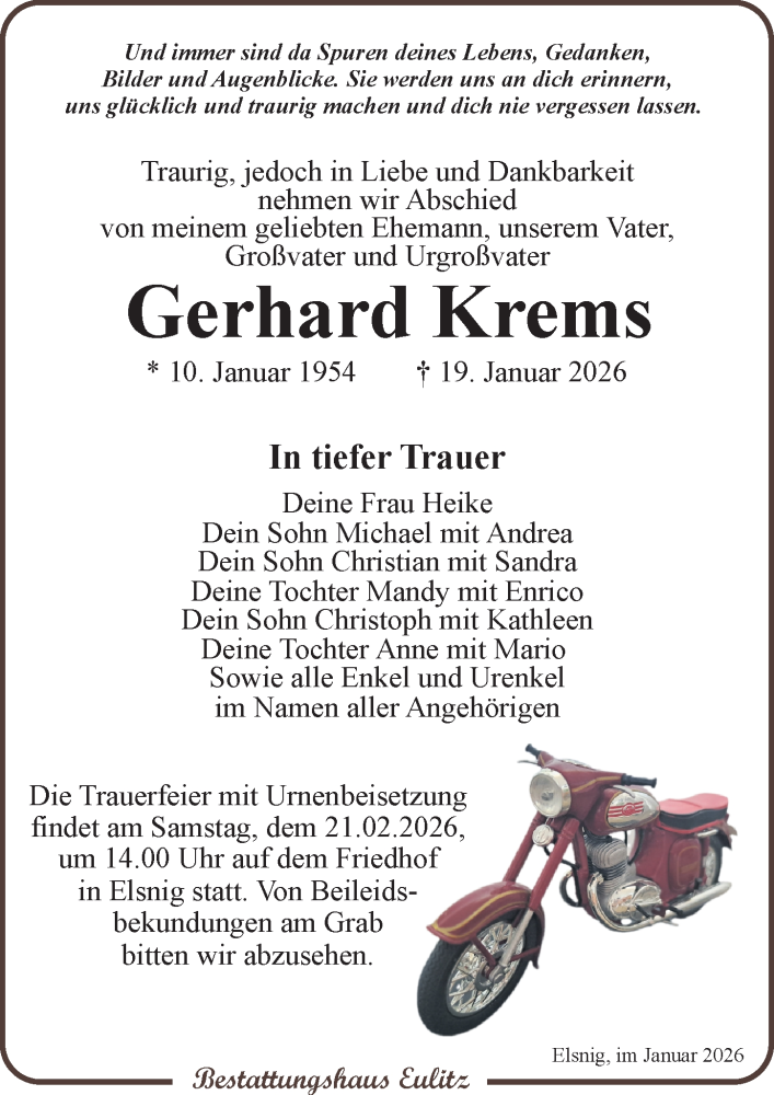  Traueranzeige für Gerhard Krems vom 31.01.2026 aus Torgauer Zeitung