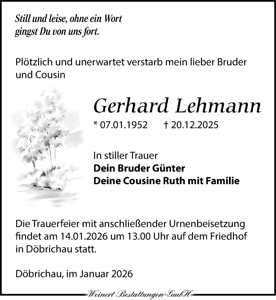  Traueranzeige für Gerhard Lehmann vom 10.01.2026 aus Torgauer Zeitung