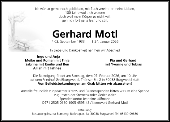 Traueranzeige von Gerhard Motl von Hannoversche Allgemeine Zeitung/Neue Presse