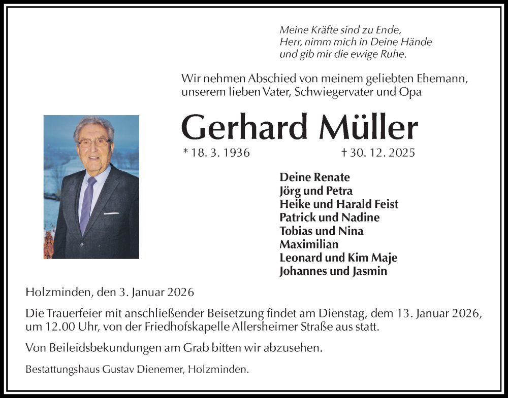  Traueranzeige für Gerhard Müller vom 03.01.2026 aus Täglicher Anzeiger Holzminden