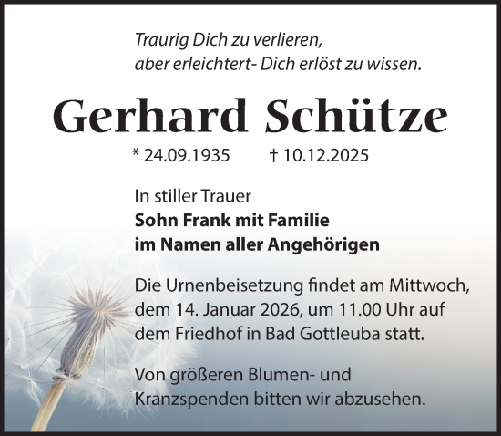 Traueranzeige von Gerhard Schütze von Sächsische Zeitung