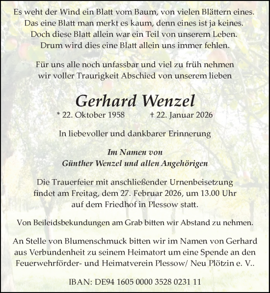 Traueranzeige von Gerhard Wenzel von Märkischen Allgemeine Zeitung