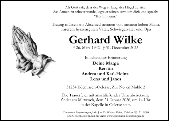 Traueranzeige von Gerhard Wilke von Peiner Allgemeine Zeitung