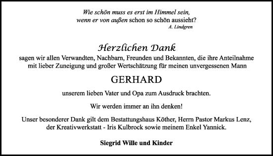 Traueranzeige von Gerhard Wille von Peiner Allgemeine Zeitung