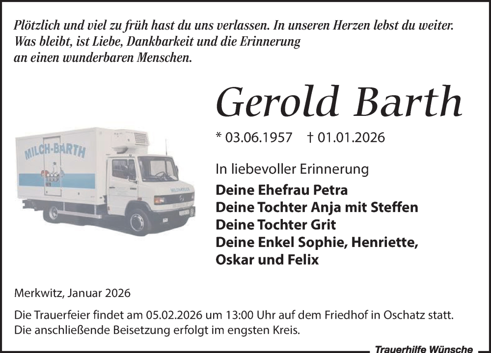  Traueranzeige für Gerold Barth vom 17.01.2026 aus Leipziger Volkszeitung