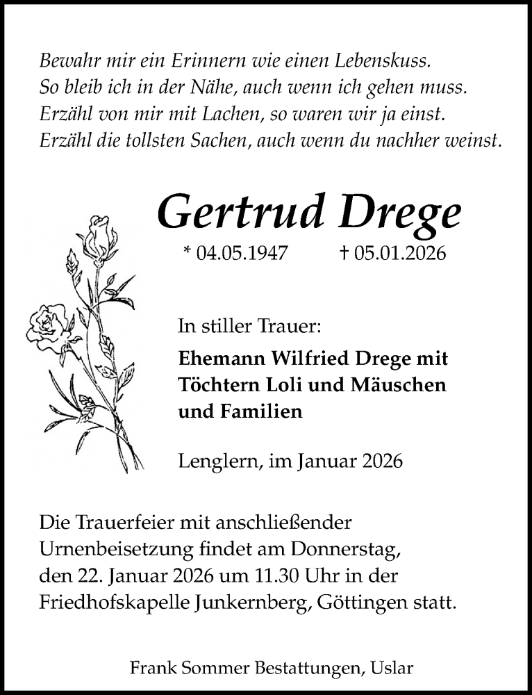  Traueranzeige für Gertrud Drege vom 10.01.2026 aus Göttinger Tageblatt