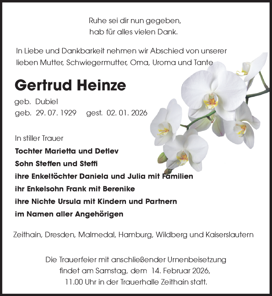  Traueranzeige für Gertrud Heinze vom 17.01.2026 aus Sächsische Zeitung