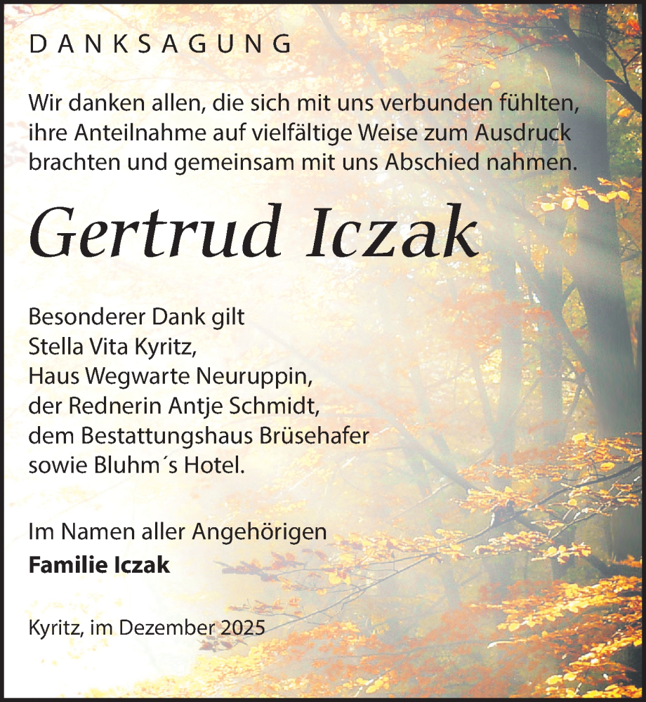  Traueranzeige für Gertrud Iczak vom 10.01.2026 aus Wochenspiegel