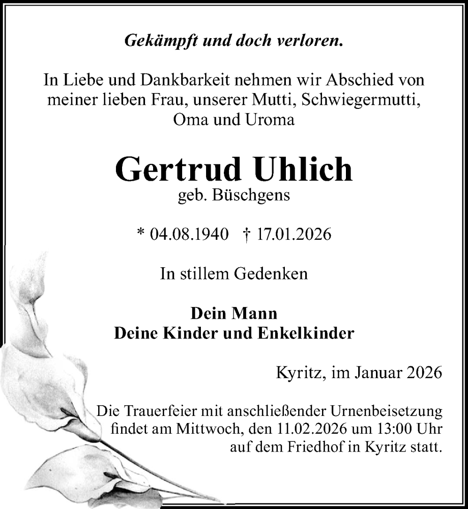  Traueranzeige für Gertrud Uhlich vom 31.01.2026 aus Wochenspiegel