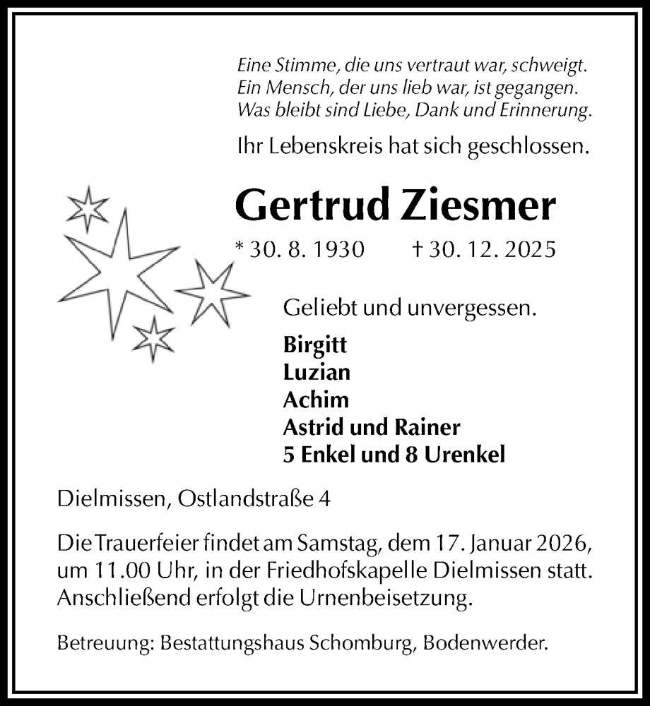  Traueranzeige für Gertrud Ziesmer vom 10.01.2026 aus Täglicher Anzeiger Holzminden
