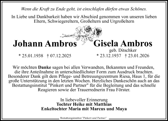 Traueranzeige von Gisela Ambros von Sächsische Zeitung