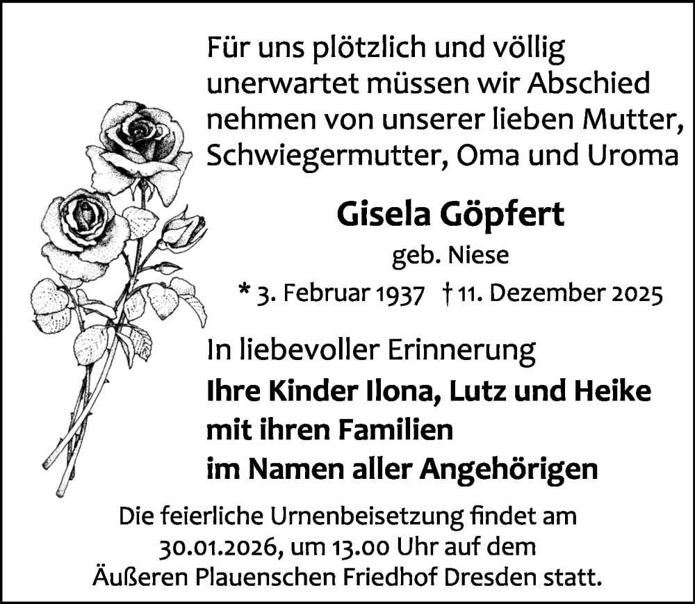  Traueranzeige für Gisela Göpfert vom 10.01.2026 aus Sächsische Zeitung