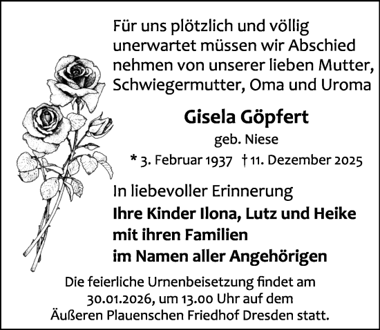 Traueranzeige von Gisela Göpfert von Sächsische Zeitung