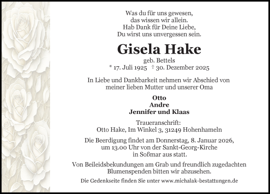 Traueranzeige von Gisela Hake von Peiner Allgemeine Zeitung