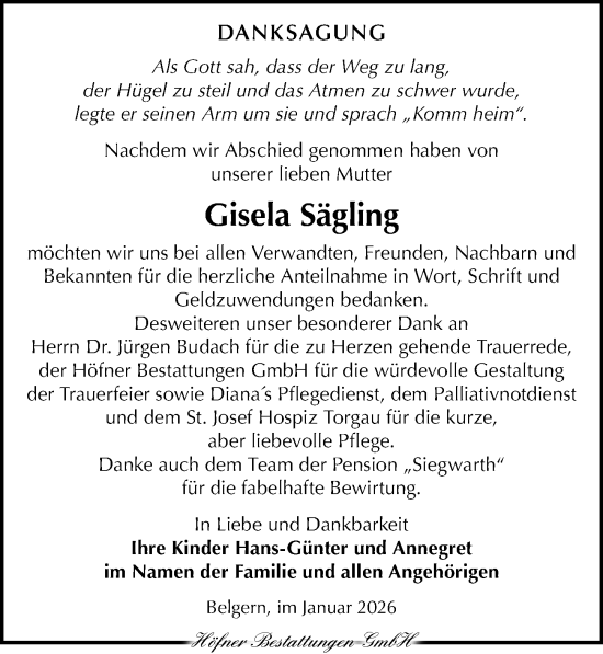Traueranzeige von Gisela Sägling von Torgauer Zeitung