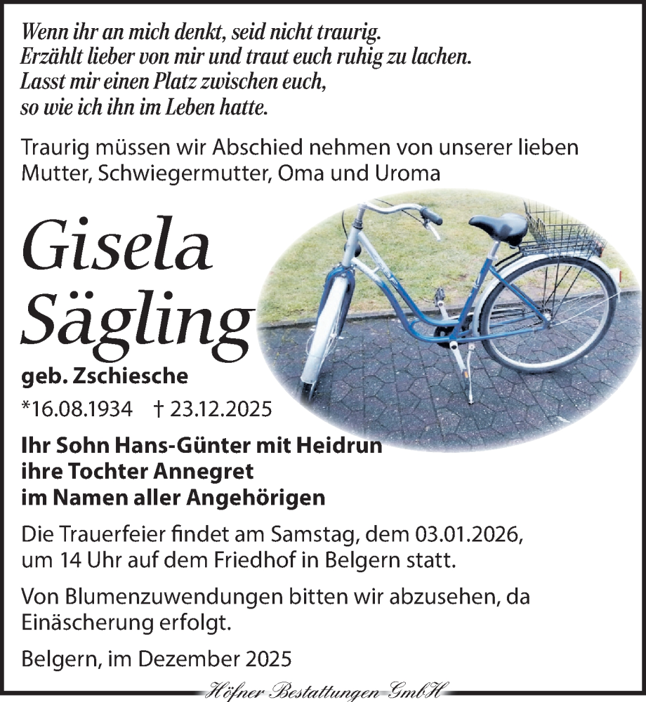  Traueranzeige für Gisela Sägling vom 03.01.2026 aus Torgauer Zeitung