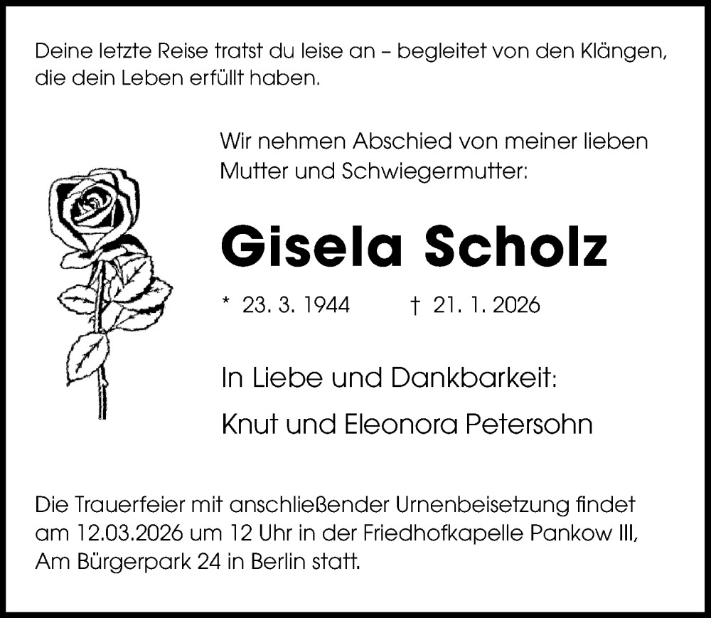  Traueranzeige für Gisela Scholz vom 31.01.2026 aus Leipziger Volkszeitung