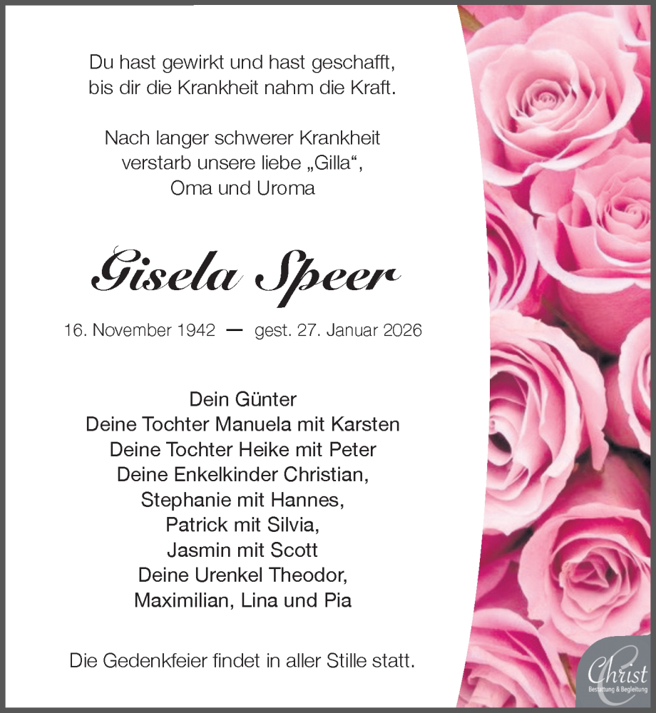  Traueranzeige für Gisela Speer vom 31.01.2026 aus Leipziger Volkszeitung