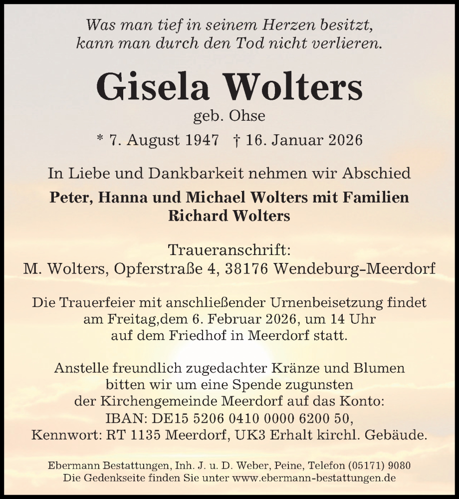  Traueranzeige für Gisela Wolters vom 24.01.2026 aus Peiner Allgemeine Zeitung