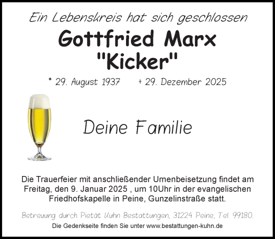Traueranzeige von Gottfried Marx von Peiner Allgemeine Zeitung