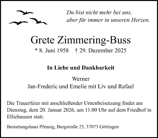 Traueranzeige von Grete Zimmering-Buss von Göttinger Tageblatt