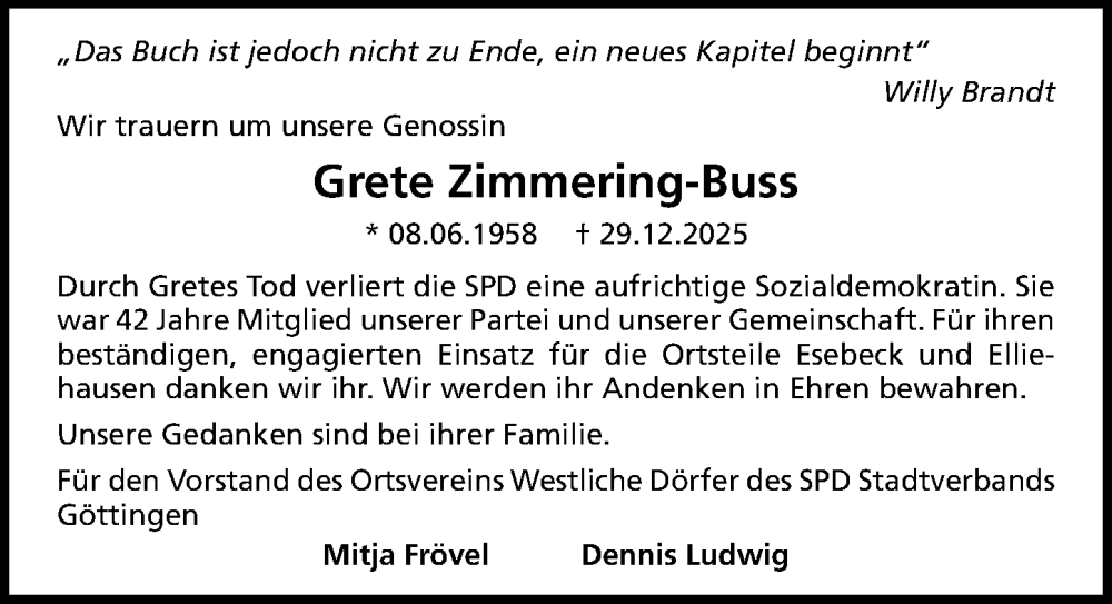  Traueranzeige für Grete Zimmering-Buss vom 31.01.2026 aus Göttinger Tageblatt
