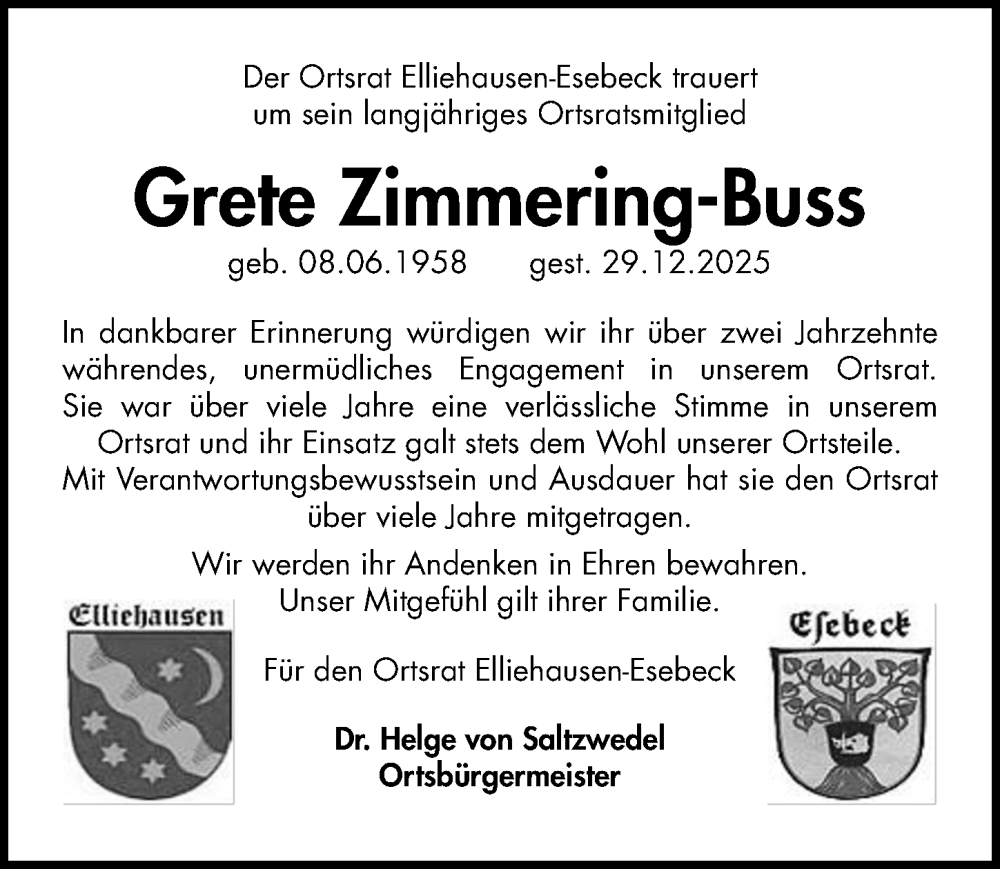  Traueranzeige für Grete Zimmering-Buss vom 24.01.2026 aus Göttinger Tageblatt
