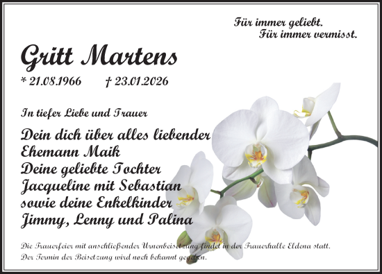 Traueranzeige von Gritt Martens von Ostsee-Zeitung GmbH