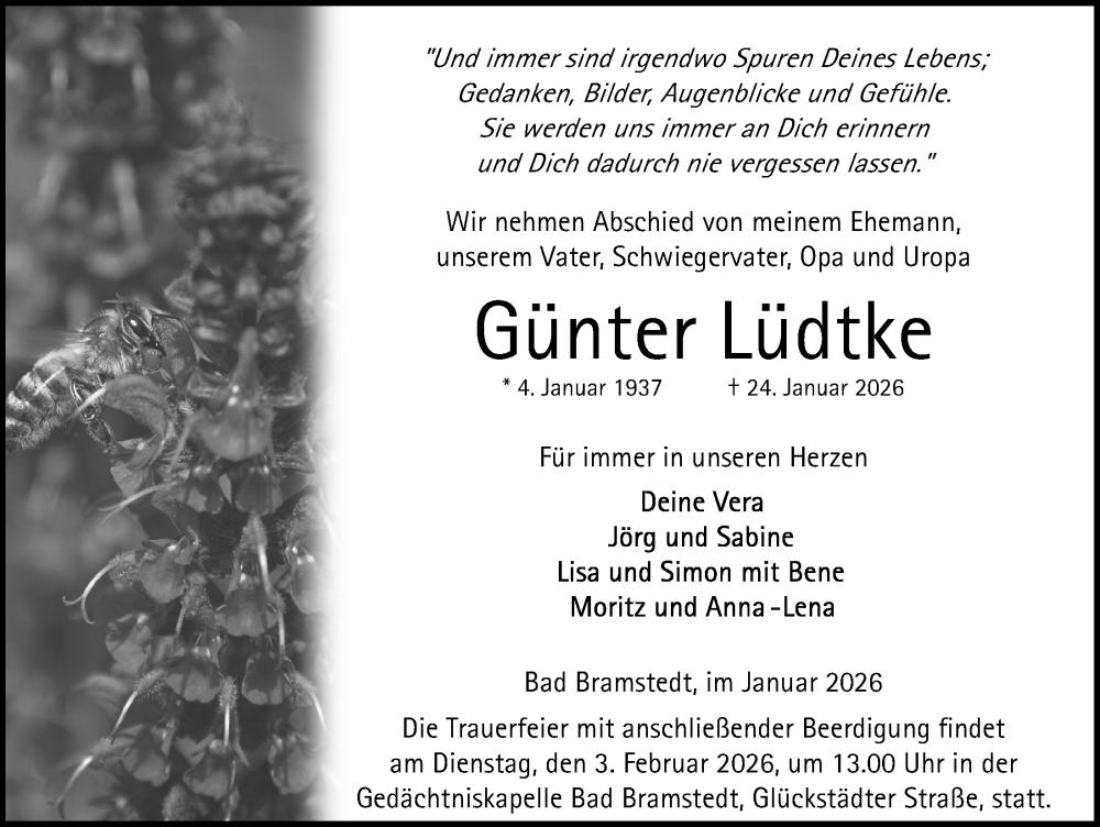  Traueranzeige für Günter Lüdtke vom 31.01.2026 aus Kieler Nachrichten