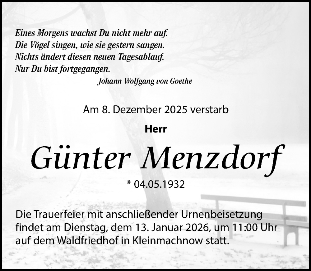  Traueranzeige für Günter Menzdorf vom 03.01.2026 aus Märkischen Allgemeine Zeitung
