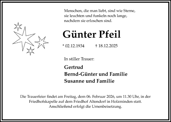 Traueranzeige von Günter Pfeil von Täglicher Anzeiger Holzminden