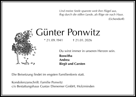 Traueranzeige von Günter Ponwitz von Täglicher Anzeiger Holzminden