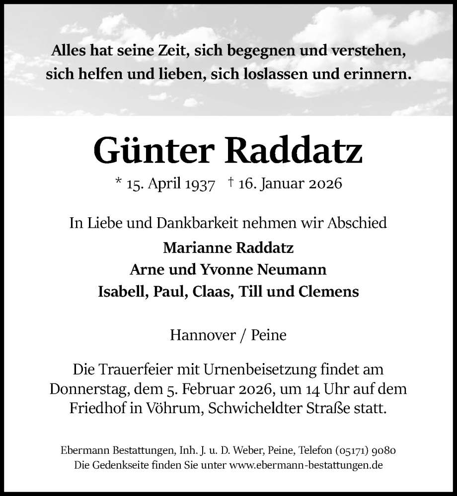  Traueranzeige für Günter Raddatz vom 31.01.2026 aus Peiner Allgemeine Zeitung