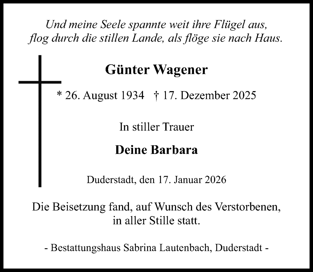  Traueranzeige für Günter Wagener vom 17.01.2026 aus Eichsfelder Tageblatt