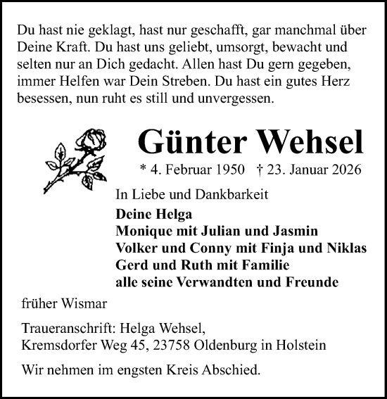 Traueranzeige von Günter Wehsel von Ostsee-Zeitung GmbH