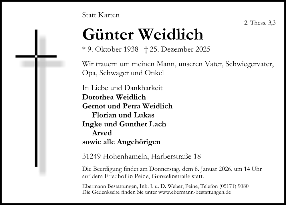  Traueranzeige für Günter Weidlich vom 03.01.2026 aus Peiner Allgemeine Zeitung