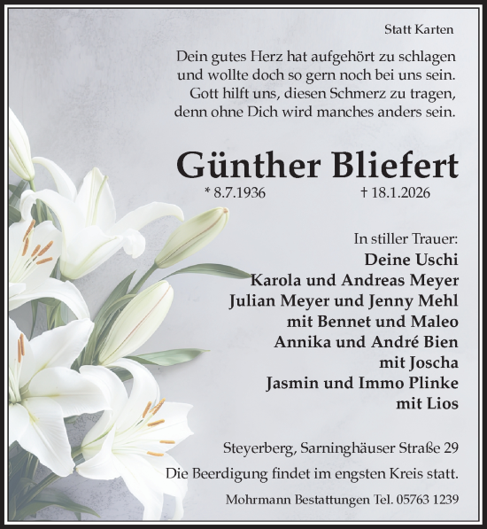 Traueranzeige von Günther Bliefert von Die Harke