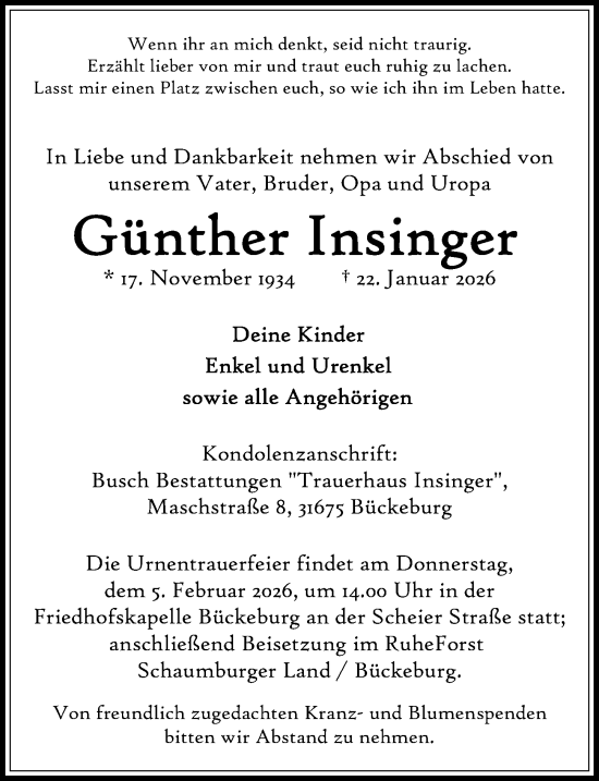 Traueranzeige von Günther Insinger von Schaumburger Nachrichten