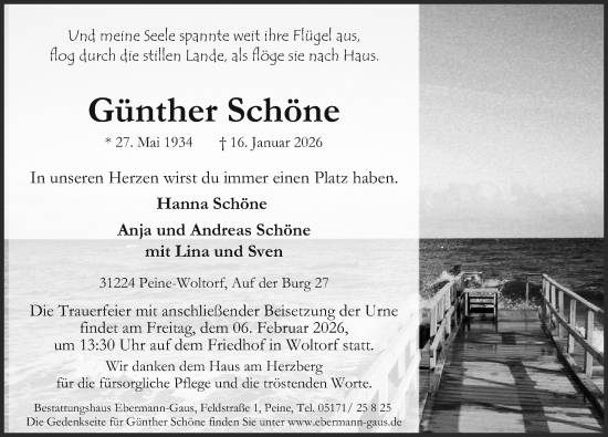 Traueranzeige von Günther Schöne von Peiner Allgemeine Zeitung