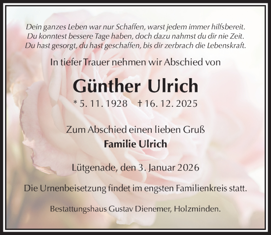 Traueranzeige von Günther Ulrich von Täglicher Anzeiger Holzminden