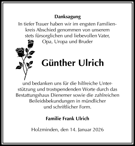 Traueranzeige von Günther Ulrich von Täglicher Anzeiger Holzminden