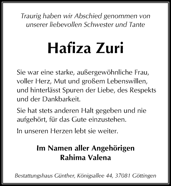 Traueranzeige von Hafiza Zuri von Göttinger Tageblatt