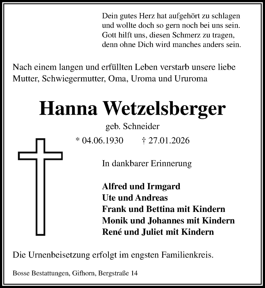  Traueranzeige für Hanna Wetzelsberger vom 31.01.2026 aus Aller Zeitung
