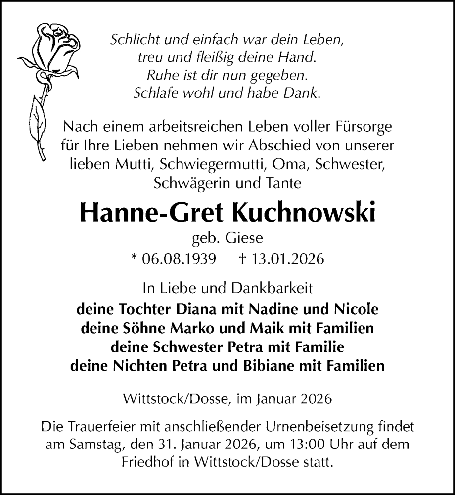  Traueranzeige für Hanne-Gret Kuchnowski vom 24.01.2026 aus Märkischen Allgemeine Zeitung